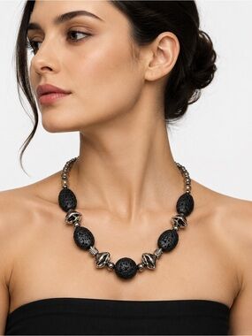 Vintage Lava Rock Necklace 1980s, Large Volcanic Stones, Glass & Metal Beads, 50